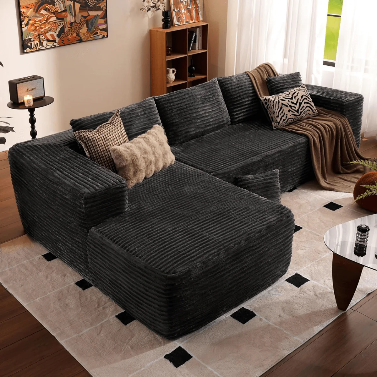 Sofá Modular Em L Com 3 Lugares, Sem Montagem, Estofado Em Veludo Cotelê – Cloudflex™