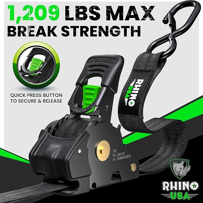 4-Pack Rhino USA Retractable Ratchet Tie-Down Straps — 1″ × 16 ft 5 in, Heavy-Duty