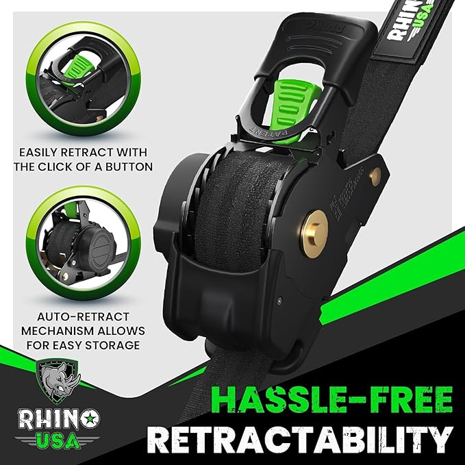4-Pack Rhino USA Retractable Ratchet Tie-Down Straps — 1″ × 16 ft 5 in, Heavy-Duty