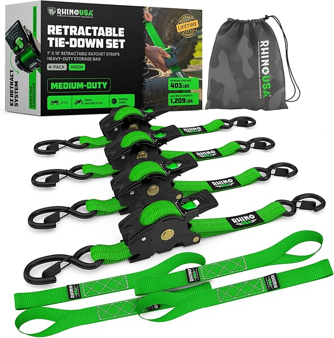 4-Pack Rhino USA Retractable Ratchet Tie-Down Straps — 1″ × 16 ft 5 in, Heavy-Duty