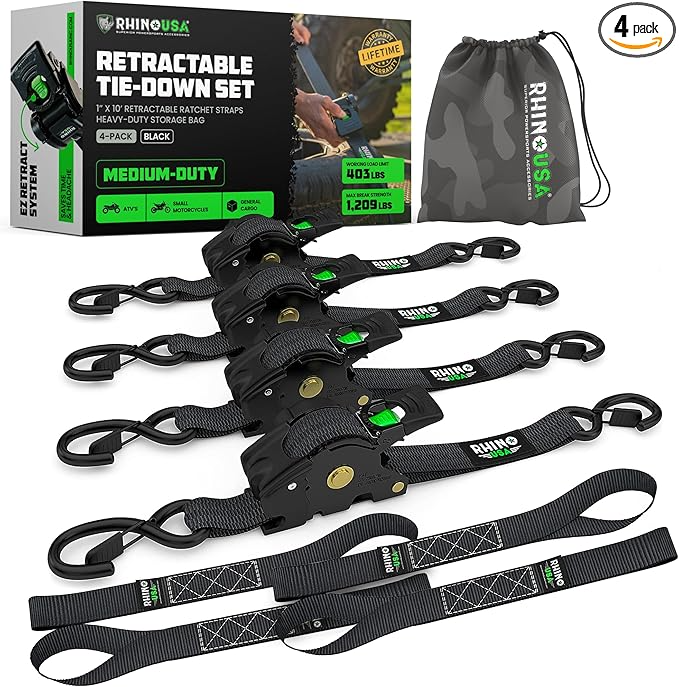 4-Pack Rhino USA Retractable Ratchet Tie-Down Straps — 1″ × 16 ft 5 in, Heavy-Duty