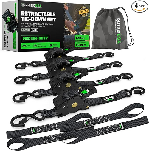 4-Pack Rhino USA Retractable Ratchet Tie-Down Straps — 1″ × 16 ft 5 in, Heavy-Duty