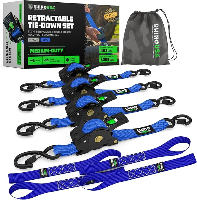 4-Pack Rhino USA Retractable Ratchet Tie-Down Straps — 1″ × 16 ft 5 in, Heavy-Duty