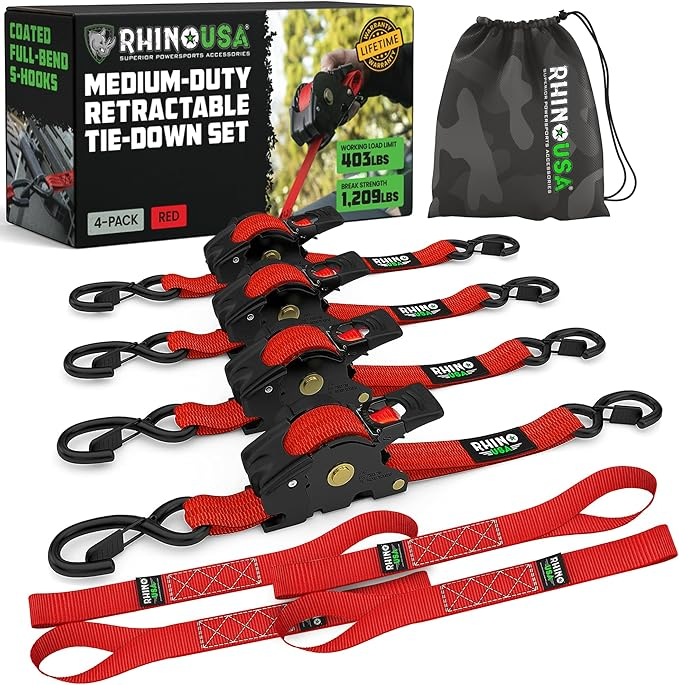 4-Pack Rhino USA Retractable Ratchet Tie-Down Straps — 1″ × 16 ft 5 in, Heavy-Duty